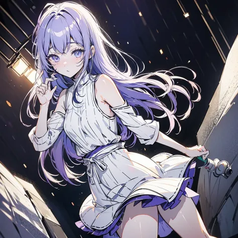 A 20-year-old Japanese girl with long light purple hair and one blue eye and one black eye. She plays in a rock band and usually wears white loli dresses. She has pale skin