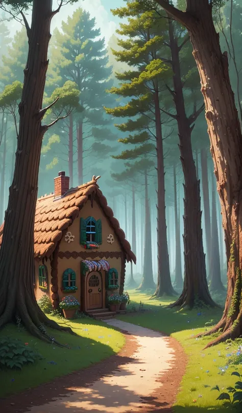 (anime, digital paint, gingerbread house nestled in a forest clearing, vibrant and colorful, astonished faces of the children, candy and sweets decorations, fairy tale setting, viewed from a low angle with trees framing the scene)