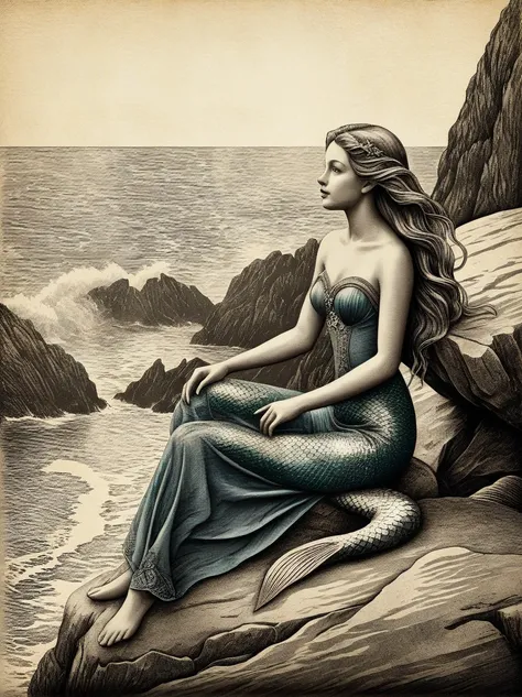 a beautiful mermaid sitting on a rock by the sea, woodcut illustration style, intricate details, highly detailed facial features...