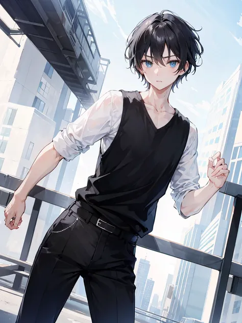 1 boy, short black hair, blue eyes, wearing plain white shirt, black pants, city, absurdres, high res, ultrasharp, 8K, masterpiece, looking at viewer