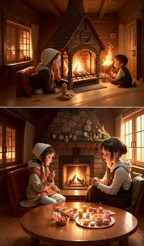 (anime, digital paint, interior of gingerbread house, warm and inviting, the children eagerly eating sweets at a large candy-covered table, cozy fireplace with flickering flames, detailed candy and food all around)