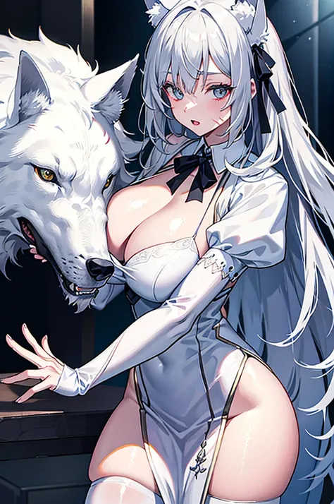 best qualtiy，tmasterpiece，The is very detailed，4K，Gray hair and shallow eyes，Drag cool expressions，Wolf ears，Erect scar on the left eye，British style，1girl，Absolutely beautiful, huge breasts, white costume, ear ribbon