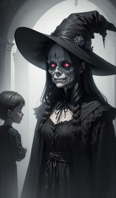 (anime, digital paint, old witch peering from the shadows, sinister and creepy, watching the children with a sly smile, dark and twisted interior of the house, ominous atmosphere)