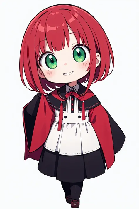 chibi, flat color, solo, full body, cute, (highest quality), bright red Hair, green Eyes, Beautiful Eyes, creepy smile, put hands hip, white background, (masterpiece)