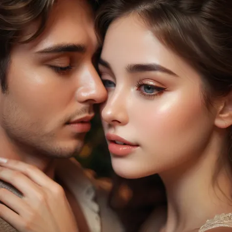 a romantic couple, young man and woman in love, intimate embrace, tender moment, soft lighting, romantic atmosphere, glowing skin, beautiful detailed eyes, beautiful detailed lips, extremely detailed face, long eyelashes, warm color tones, cinematic lighti...