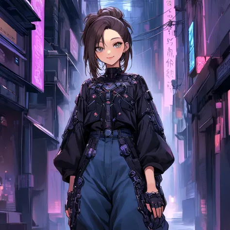 make me a female, 16 years old, short dark brown hair, grey eyes, cyber outfit, baggy jeans and oversized shirt, shes smiling