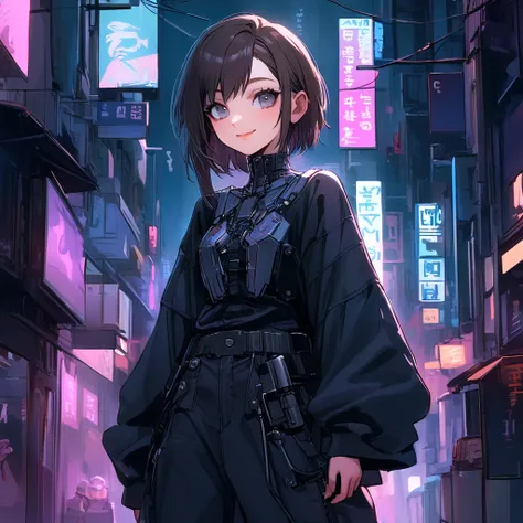 make me a female, 16 years old, short dark brown hair, grey eyes, cyber outfit, baggy jeans and oversized shirt, shes smiling