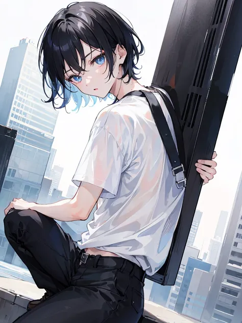 1boy, 22 years old, short black hair, blue eyes, wearing plain white shirt, black pants, city, absurdres, high res, ultrasharp, 8K, masterpiece, looking at viewer