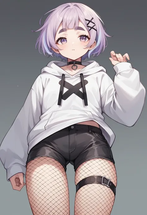 masterpiece, Highest quality, High resolution, Bumimi, short hair, Light purple hair, Striped Hair, Braiding, X Hair Ornament, Thick eyebrows, choker, White hoodie, Lower the hood, Long sleeve, abdomen, Black shorts, Thigh straps, Fishnet tights, 