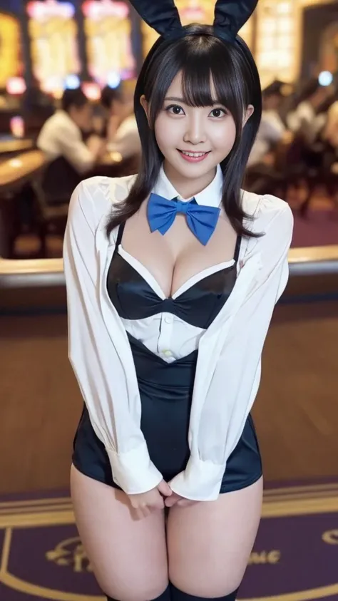 （Playboy Bunny、Bunny girl、Black rabbit-eared headband、Blue high-leg retard、Blue knee-high socks、A bow tie、Ass、Black Hair、Big Ass、Inside the casino）、Extremely sexy、smile、Professional Lighting、Small waist、Beautiful adult woman、Captivating thighs、Very large b...