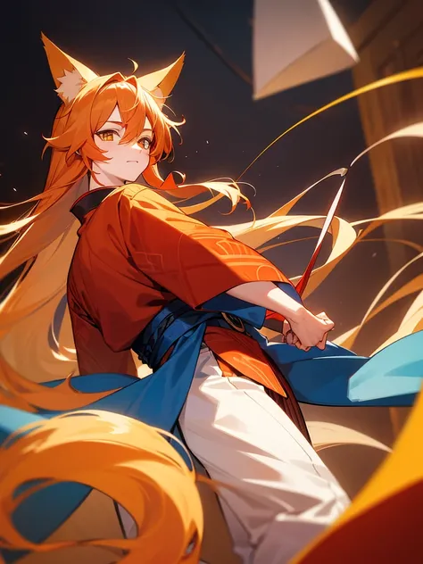 a boy, with long reddish blonde hair, yellow eyes, he wears a blue and red kimono, he has fox ears and a fox tail.