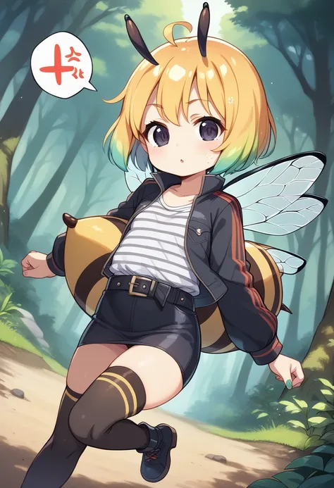 score_9, score_7_up, score_6_up, 1girl, source_cartoon, source_anime,breathtalking Scenery,watercolor,smooth soft skin, natural skin,anime screencap,mjm,rating_questionable,
BREAK 
1girl,(solo:1.2),(hornet girl:1.4), bee girl,(little female child:1.3), (lo...