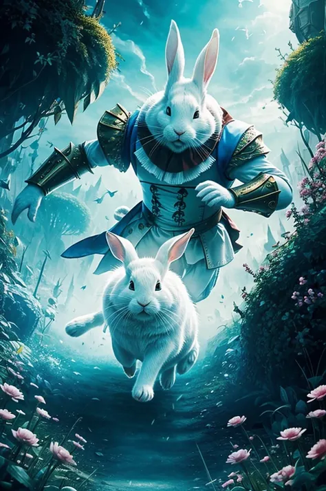 A white rabbit from Alice in wonderland, running from a giant AI monster, epic lighting, movie poster