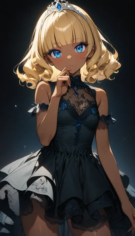 masterpiece, Highest quality, Very detailed, High resolution, Japanese anime,One girl, (Dark Skin:1.2), Golden Hair, (short hair:1.4), (Blunt bangs:1.3), Curly Hair, Wavy Hair, Drill Hair, (eyelash:1.3), (eye shadow:1.3), (blue eyes:1.5), (Beautiful attent...