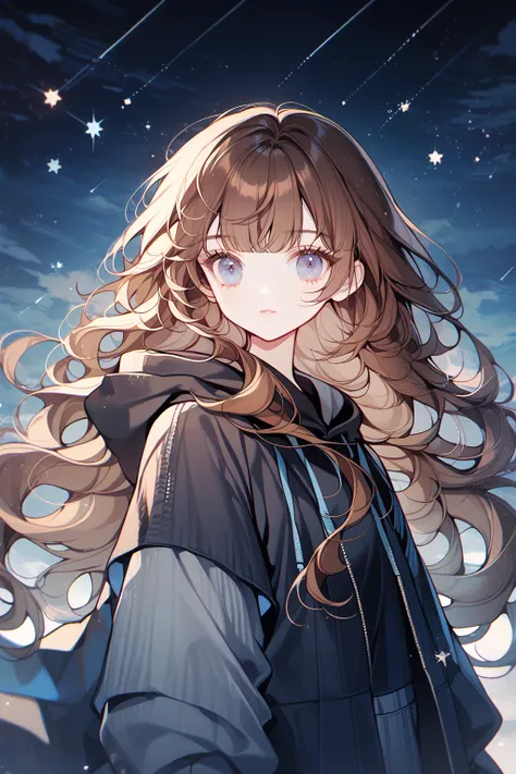 by ttosom, 1 girl, CuteStyle, blue eyes, brown hair, long hair with bangs, upper body, flowing hair, dressed in a black hoodie and gray jeans, black fingerless gloves, looking at the viewer, calm gaze, sky, night sky, sky studded with stars, comets, dark, ...