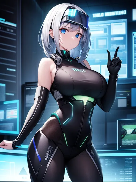 ((Best quality)), ((masterpiece)), (highly detailed:1.3), 3D,rfktr_technotrex, beautiful cyberpunk woman with voluminous hair,(wearing head-mounted display that is chunky and hi-tech:1.2),hacking a computer terminal,computer servers, LCD screens, fibre opt...