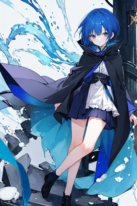 Girl、Blue hair short、Black cloak、stockings