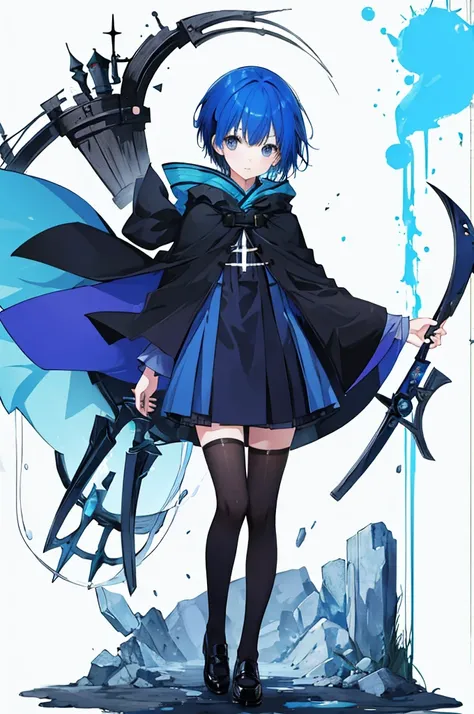 Girl、Blue hair short、Black cloak、stockings