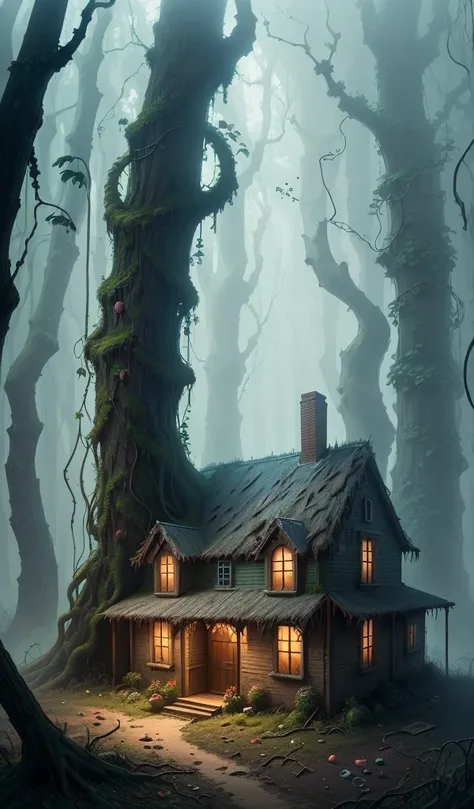 (anime, digital paint, the old womans destroyed gingerbread house, remnants of candy and sweets scattered around, eerie and dark atmosphere, forest reclaiming the area with vines and plants growing over the ruins)