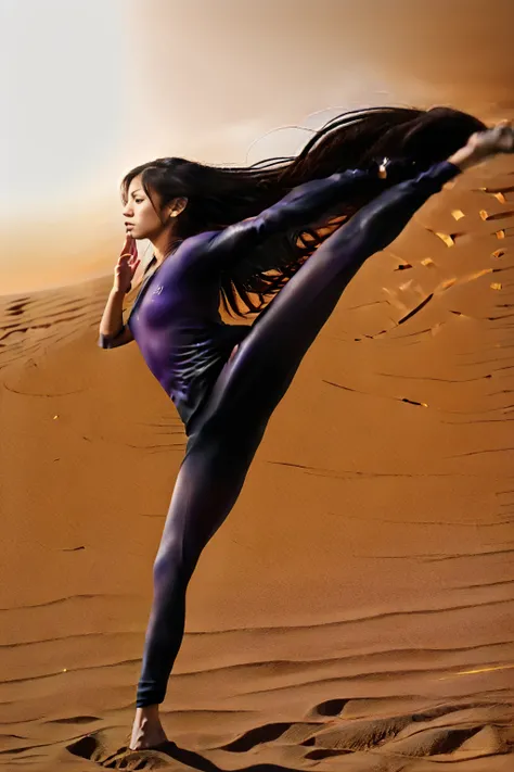 arafed woman with long black hair with purple highlights on the beach kicking (((doing a high kick))), flowing black hair, with black hair, photo of a beautiful woman, long flowing black hair, black golden hour, curly black hair, beautiful young asian woma...