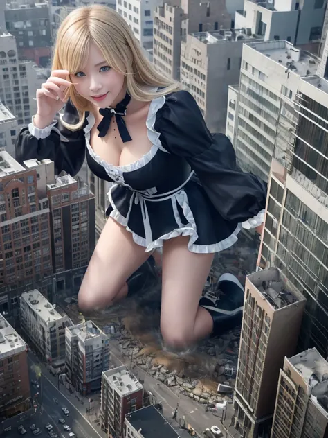 （Giantess Elements、High resolution、High resolution、high quality、Accurate body structure、Detailed body） Towering giant blondes girl，50,000 feet high、Looking up at the approaching woman from below、Giants attack the city、cute、blondes、Destroy a small townWomen...