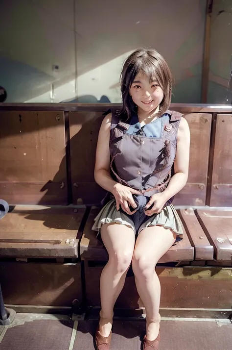 ((Highest quality)),  (detailed), A young Japanese man, school girl, in a train, sitting on a seat, (long seat:1.5), navy pleated skirt, spread legs, (exposured panties:1.4), panty pull, blush, (smile:0.8), embarrassed、Realistic