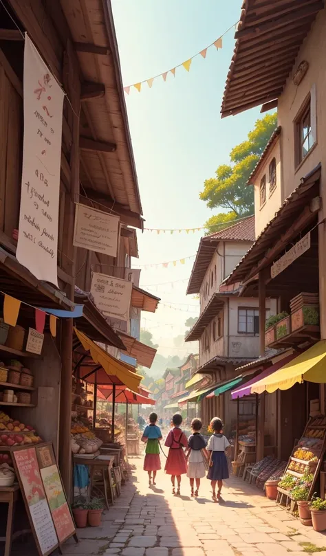 (anime, digital paint, children sharing their adventure with curious villagers, a vibrant village square, happy and intrigued faces of villagers, colorful market stalls and cheerful atmosphere, children animatedly recounting their story)