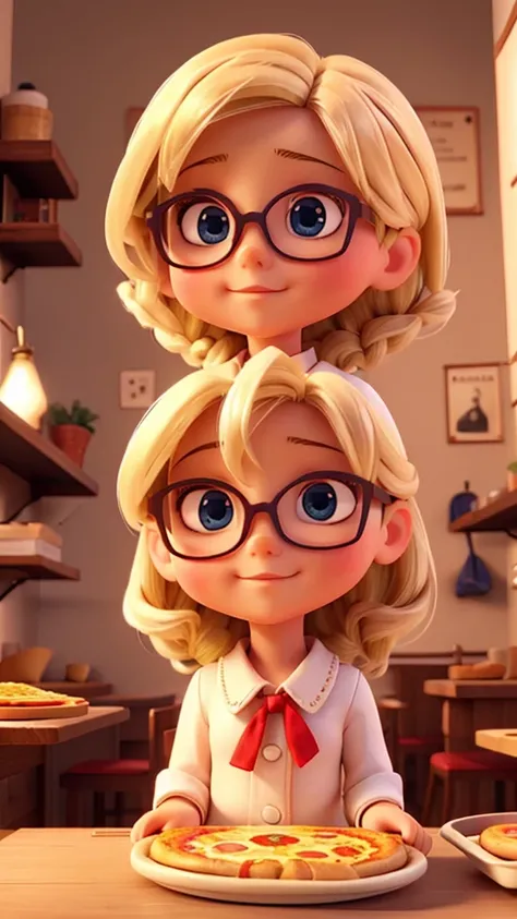 Little blonde doll with glasses holding pizza