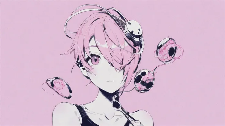 masterpiece, best quality, 1girl, solo, short pink_hair, looking_at_viewer, wearing electronic headset, piece poses , pink_theme, pill, jirai_kei, monochrome, 