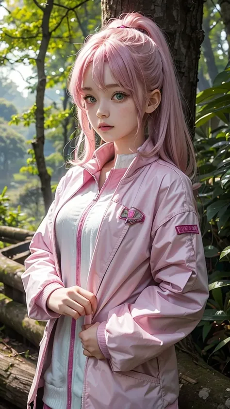 Thirteen year old girl pink hair green eyes wearing a pink jacket with white sleeves closed in the forest 