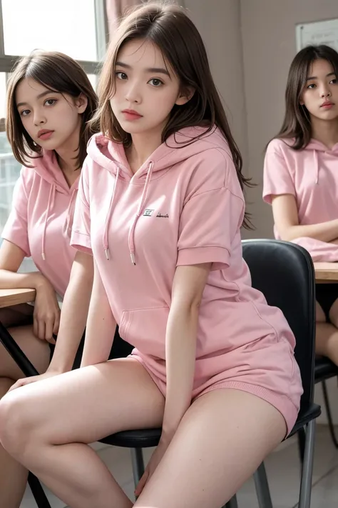 deux femmes ensemble de 18 ans sexy et mince , pink short sleeve hoodie , salle de classe, se touche,position sey,sensuel