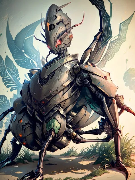 (hokusai and giger and mucha collaboration works, art nouveau), ((a huge humanoid beetle robot that looks like parade armor with...