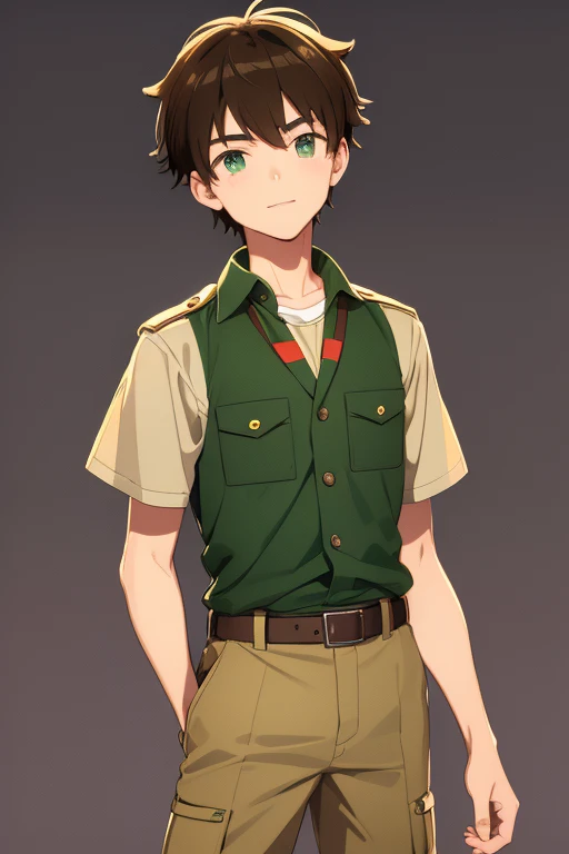 Keitaro Nagame from Camp Buddy, 14 years old, with a boy scout uniform, brown hair, green eyes, light brown boy scout shirt with medal print, light brown shorts, black belt, green scarf