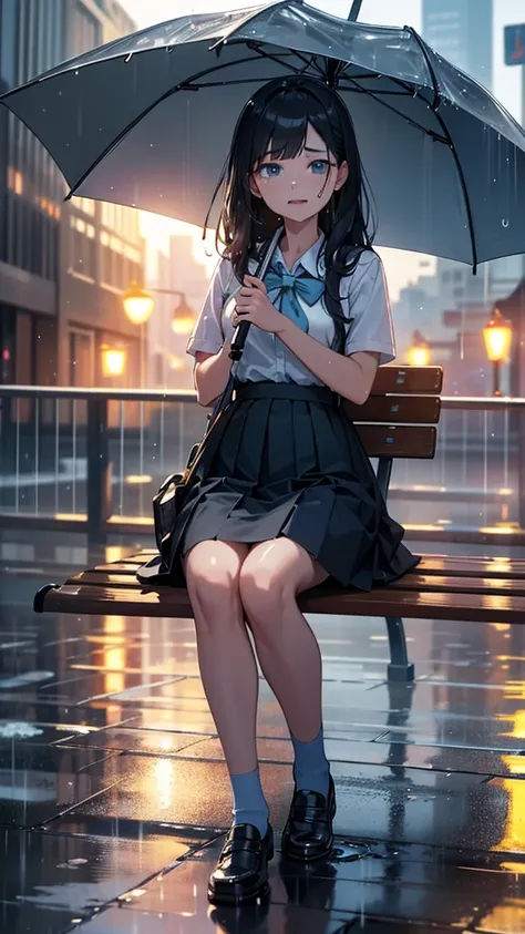 A crying school girl, high , long black hair, light blue eyes, sitting on a bench, holding an umbrella, wet from the rain, rain droplets, light reflections, puddles, street lamps, full body, best quality, 4k, 8k, highres, masterpiece:1.2, ultra-detailed, r...