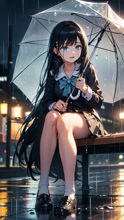 A crying school girl, high , long black hair, light blue eyes, sitting on a bench, holding an umbrella, wet from the rain, rain droplets, light reflections, puddles, street lamps, full body, best quality, 4k, 8k, highres, masterpiece:1.2, ultra-detailed, r...