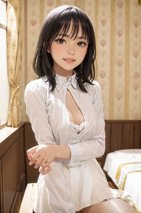 raw photo, 1girl, medium breast, light smile, detailed skin, simple background, spread legs, nipple, pussy, nipples, cute face, beautiful face, collared blouse, White blouse, constricted waist, spread pussy, opened clothes, intricate detailed, high quality...