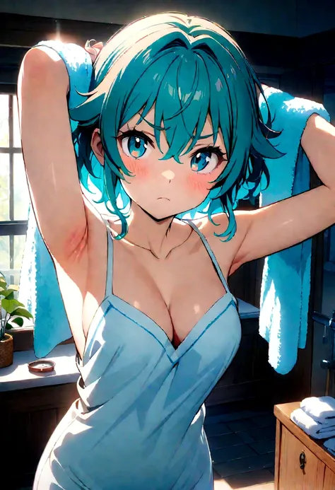 masterpiece, best quality, official art, professional artwork, highres, lens flare, (vibrant_color:1.2, 1girl), miku, standing, cleavage, collarbone, frown, towel, indoor, looking at viewer, cowboy shot, arms up, armpits