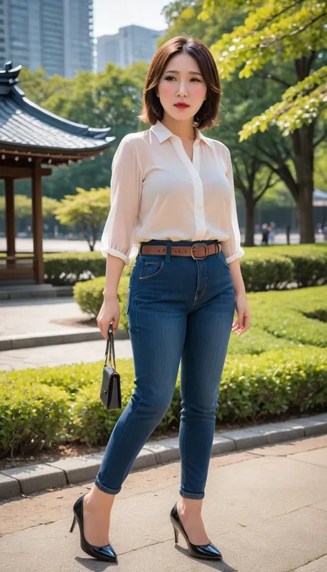 1woman,(masterpiece:1.8),photo-realistic,16k,(beautiful 40s japanese plump lady:1.2),(chiffon blouse:1.6),(jeans:1.5),pumps,belt,(whimpering:1.6),(panicking:1.6),(crying:1.7),(park:1.3),crowd,(wetting:1.5),(dripping pee:1.4),long hair,straight hair,black e...