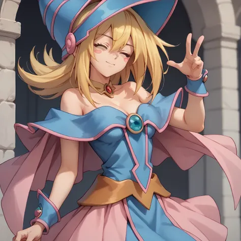 One-eyed wink,closed eyes,
独奏,
DarkMagicianGirl,1girl,blonde hair,blush stickers,
wizard hat,
choker,
bare shoulders,cleavage,capelet,blue dress,see-through,
pink skirt,