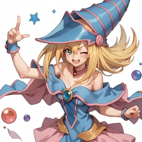 one-eyed wink,closed eyes,
独奏,
darkmagiciangirl,1girl,blonde hair,blush stickers,
wizard hat,
choker,
bare shoulders,cleavage,ca...