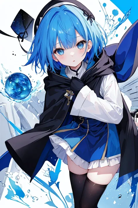 Girl、Blue hair short、Black cloak、stockings