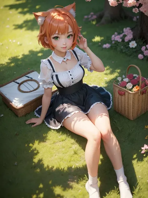 1 girl, neko mimi, loli, anime neko mimi orange short hair girl sitting in grass wearing maid outfit, eagle eye perspective, girl looking up with lovely shining green emerald eyes, cutest smile, outdoor background, floating sakura leaves, girl picnicking u...