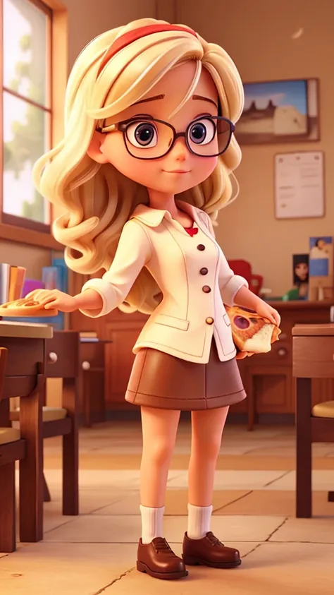 Blonde doll with brown eyes and glasses, holding pizza with one hand 