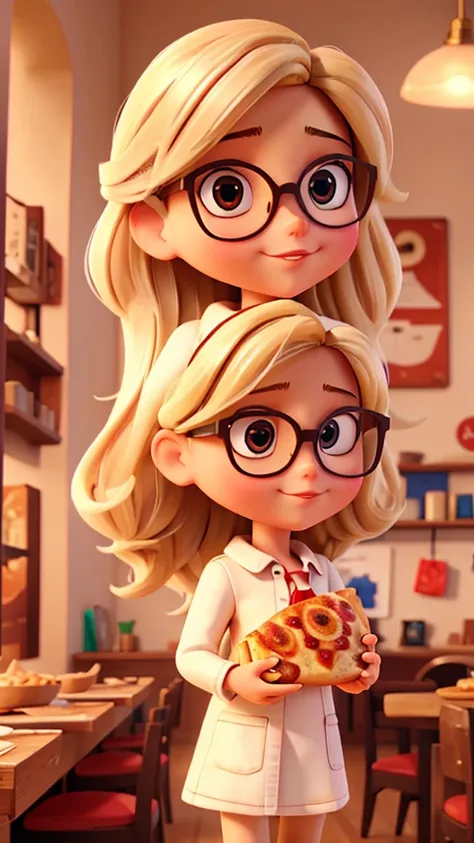 Blonde doll with brown eyes and glasses, holding pizza with one hand 