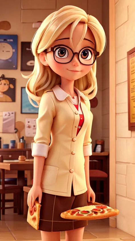 Blonde doll with brown eyes and glasses, holding pizza with one hand 