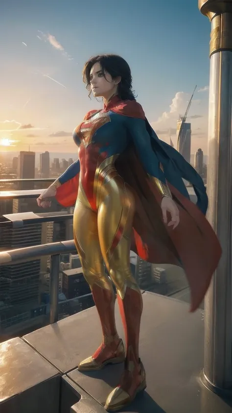 Generates a stunning image of Superwoman. Superwoman is in a powerful stance, with his iconic costume that includes a red cape fluttering in the wind, a golden S on his chest and bright blue and red colors. She stands on top of a skyscraper in a modern cit...