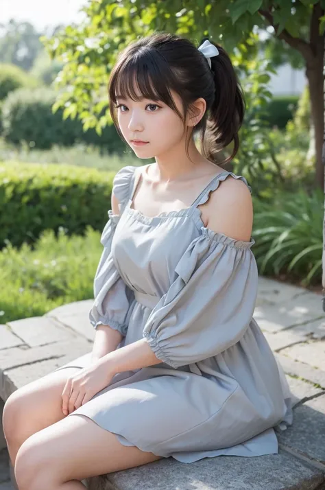 A young girl is sitting on a stone bench in an outdoor setting with a lush, green background. She is wearing a light grey dress with ruffled sleeves and a black bow at the back. The dress fits snugly and ends mid-thigh. She has a black crossbody bag with a...