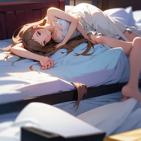 a cute girl lying on a bed barefoot and on her back