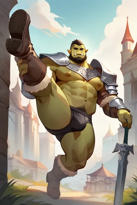 score_9, score_8_up, score_7_up, solo, male focus, bulk male, orc, green skin, tusks, beard, outdoors, micro armor , shoulder armor, breastplate, upper body, closed mouth, pauldrons, day , day city , boots , (micro black briefs) , full body , black boots ,...