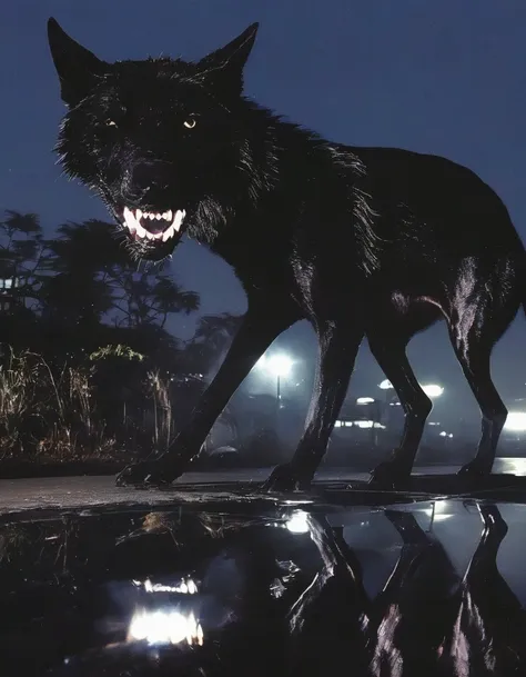 car with giant black wolf barkling inside, bangkok at night background